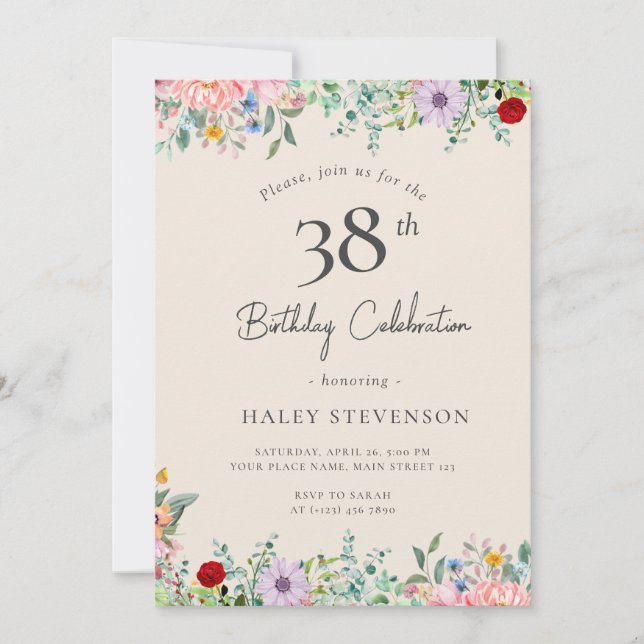Invitation Fleur sauvage Rustique Bohème 38e Anniversaire Sim (Devant)