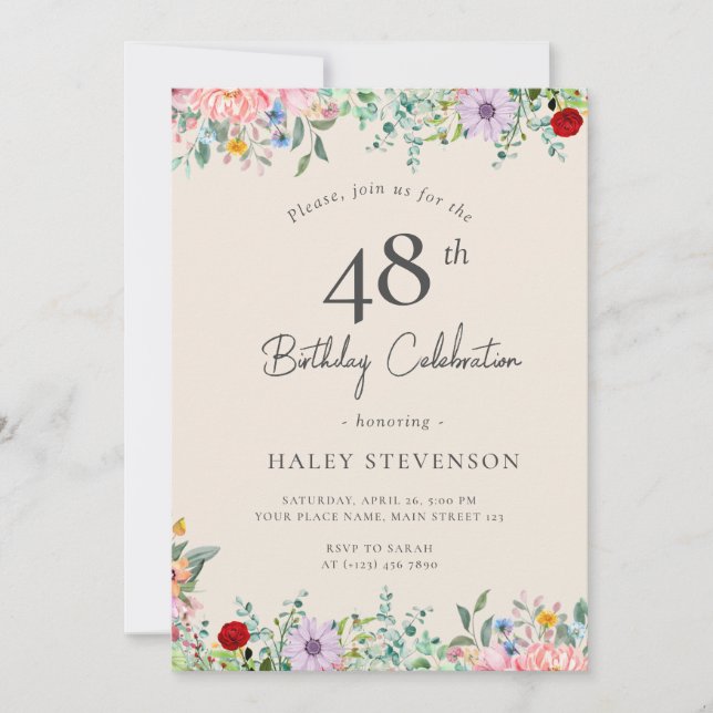 Invitation Fleur Sauvage Rustique Bohème 48e Anniversaire Sim (Devant)