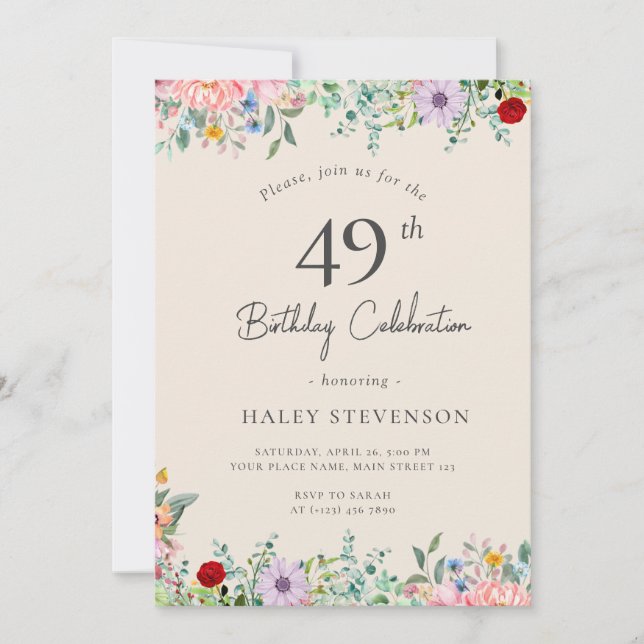 Invitation Fleur sauvage Rustique Bohème 49e Anniversaire Sim (Devant)