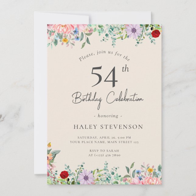 Invitation Fleur sauvage Rustique Bohème 54e Anniversaire Sim (Devant)