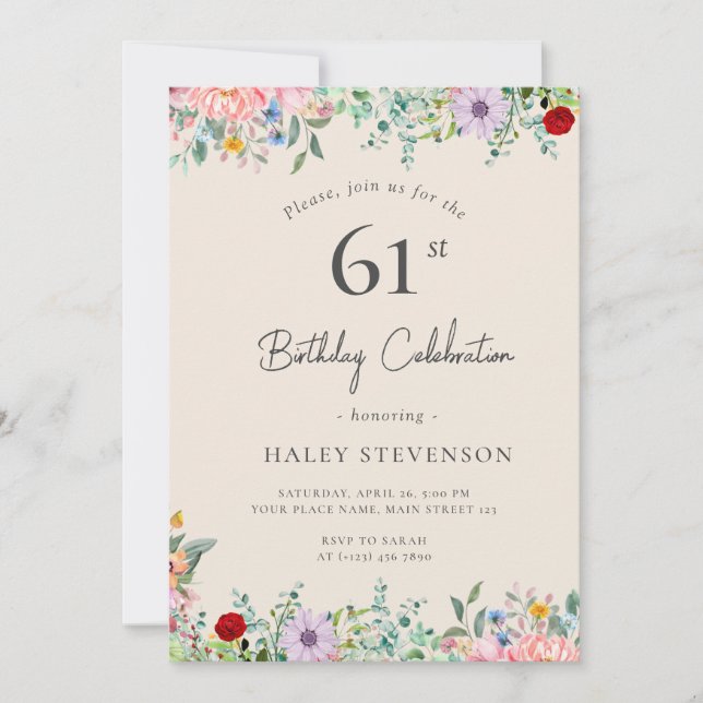 Invitation Fleur sauvage Rustique Bohème 61e Anniversaire Sim (Devant)