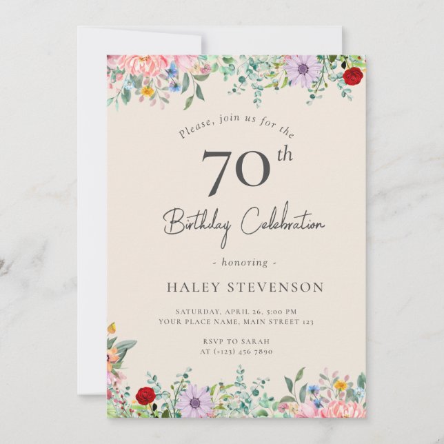 Invitation Fleur Sauvage Rustique Bohème 70e Anniversaire Sim (Devant)