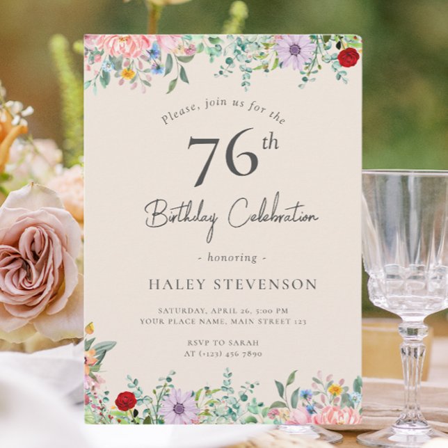 Invitation Fleur Sauvage Rustique Bohème 76e Anniversaire Sim (Créateur téléchargé)