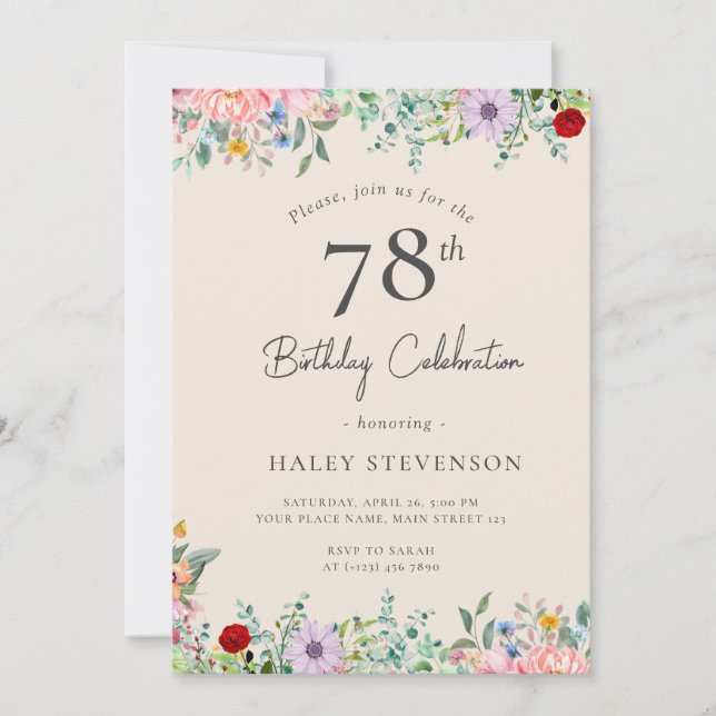 Invitation Fleur sauvage Rustique Bohème 78e Anniversaire Sim (Devant)