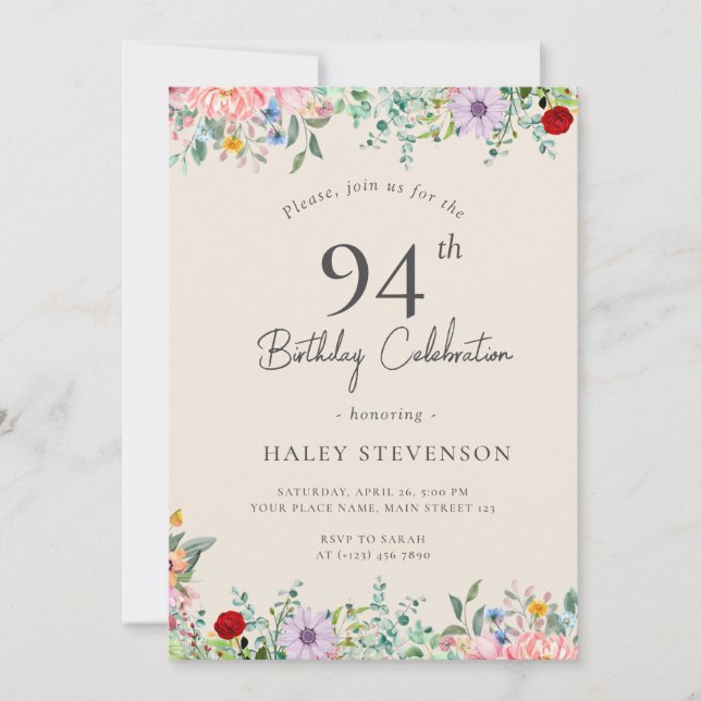 Invitation Fleur sauvage Rustique Boho 94e Anniversaire Simpl (Devant)