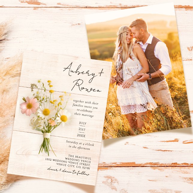 Invitation Fleur sauvage Rustique Bois Bouquet Boho Mariage p (Créateur téléchargé)