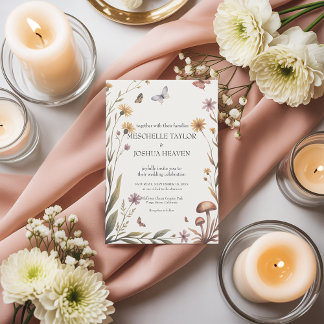 Invitation Fleur sauvage rustique Papillon & Champignons Mari