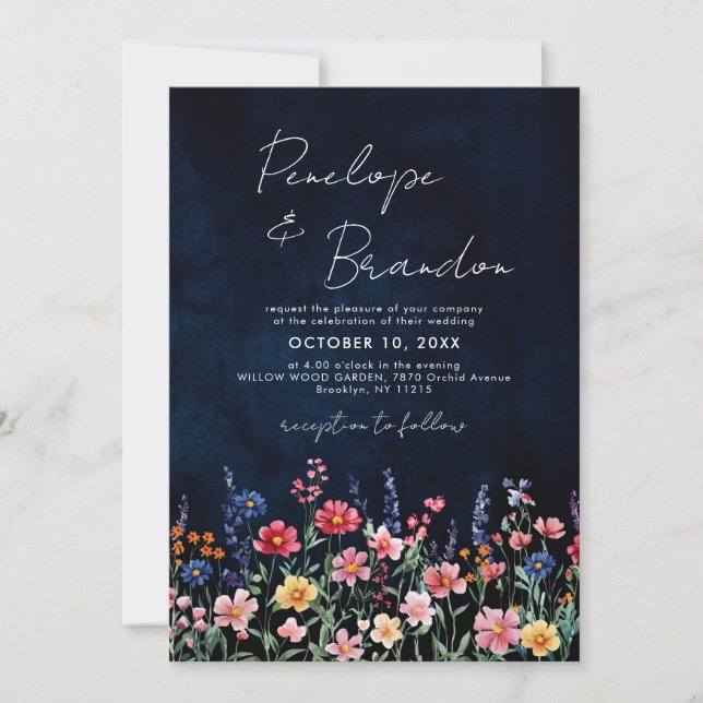 Invitation Fleur sauvage Rustique Pays Boho Floral Marine Mar (Devant)