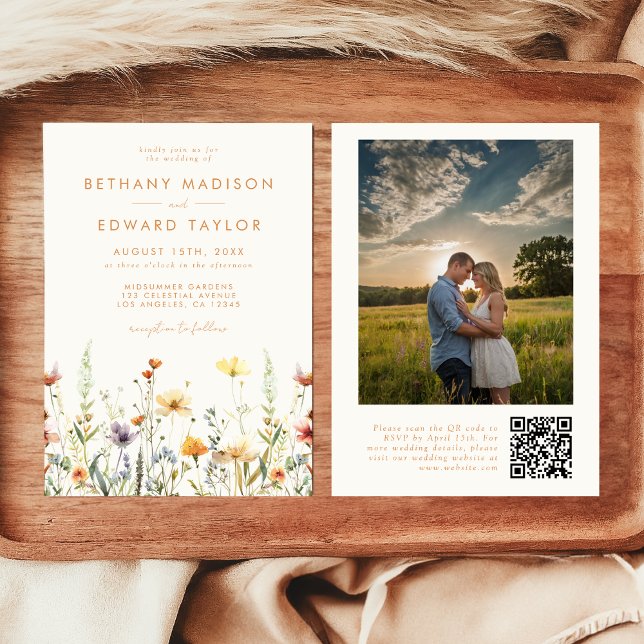 Invitation Fleur sauvage rustique QR Code Mariage photo (Créateur téléchargé)