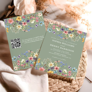 Invitation Fleur sauvage rustique Sage vert Mariage QR Code