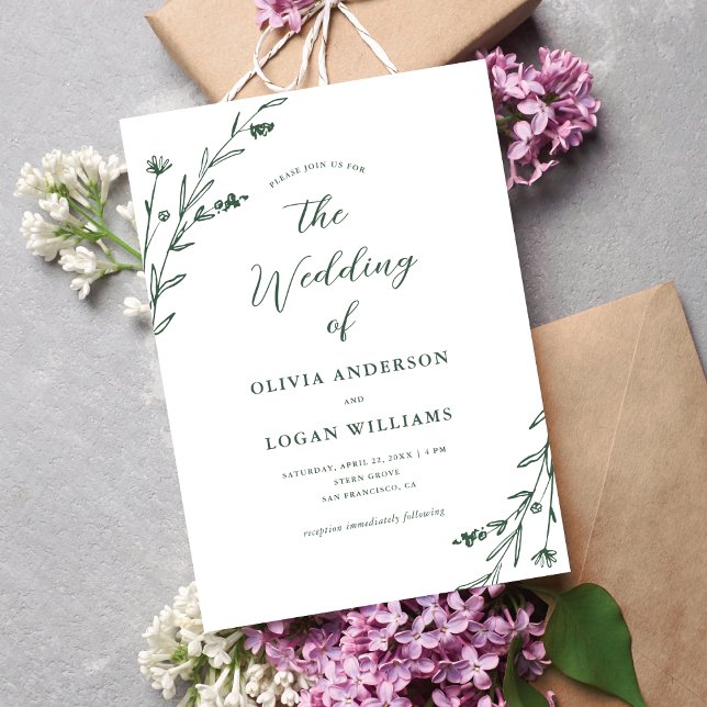 Invitation Fleur sauvage Rustique vert foncé Boho Mariage (Créateur téléchargé)
