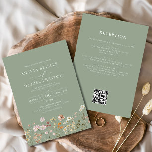 Invitation Fleur sauvage Sage Green All in One QR Code Mariag