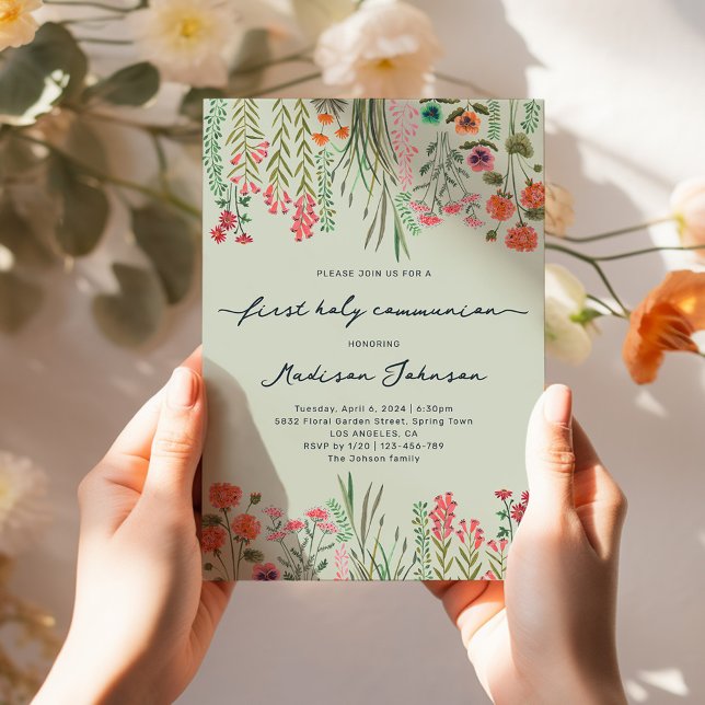 Invitation Fleur sauvage Sage Green Première Communion sainte (Wildflower Sage Green First Holy Communion Invitation)