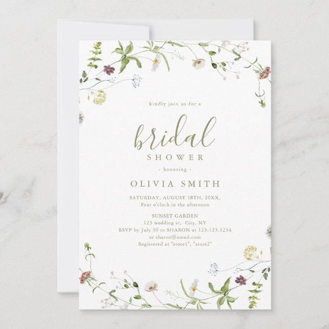 Invitation Fleur sauvage Sage Green Rustic Boho Fête des mari (Devant)