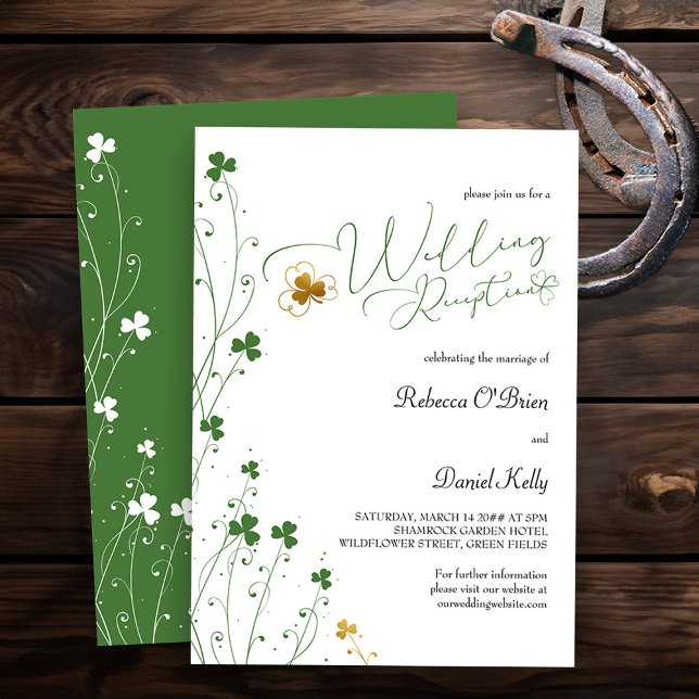 Invitation Fleur sauvage shamrock Green Gold Mariage Réceptio (Wedding Reception invitation from my Shamrock Wildflower wedding collection)
