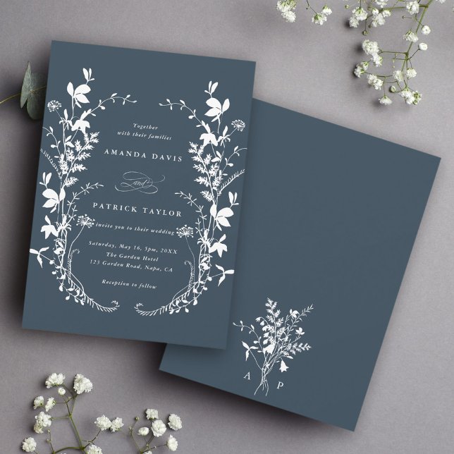Invitation Fleur sauvage Silhouette couronne Mariage Marine b (Front & Back)