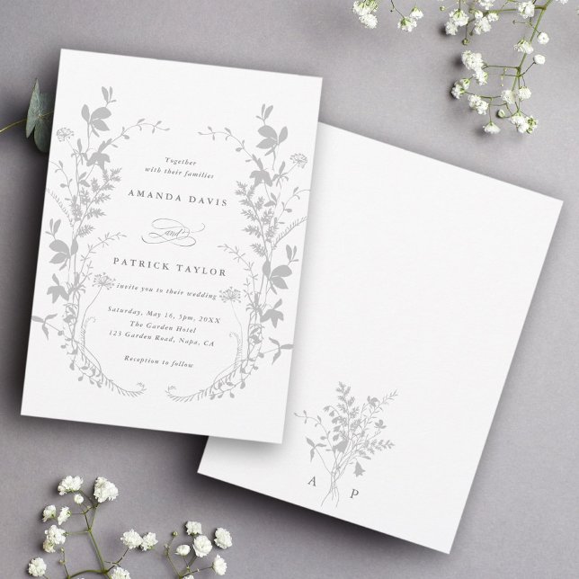 Invitation Fleur sauvage Silhouette Wreath Mariage Gris et bl (Front & Back)