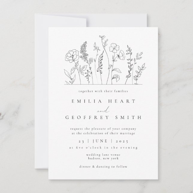 Invitation Fleur sauvage simple Garden Lineart Mariage (Devant)