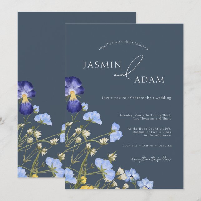 Invitation Fleur sauvage simple Royal Blue Opulence Mariage (Devant / Derrière)