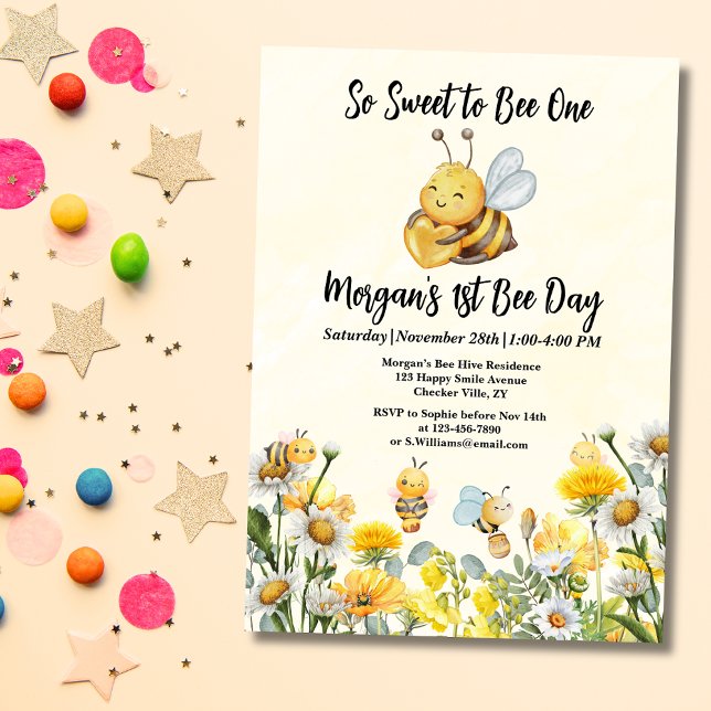 Invitation Fleur sauvage So Sweet Bee One 1st Bee Day Anniver (Créateur téléchargé)