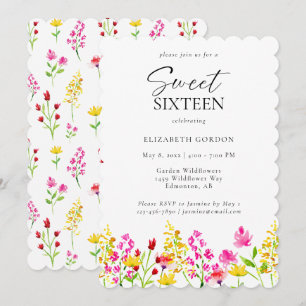 Invitation Fleur sauvage Sweet 16 Anniversaire Aquarelle 