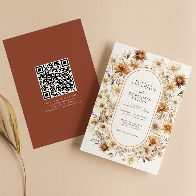 Invitation Fleur sauvage Terracotta Floral Mariage QR Code (Créateur téléchargé)