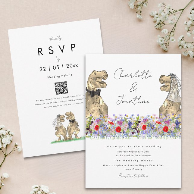 Invitation Fleur Sauvage Thème Dinosaure (Boho wildflower dinosaur wedding invitation with whimsical script and qr code)