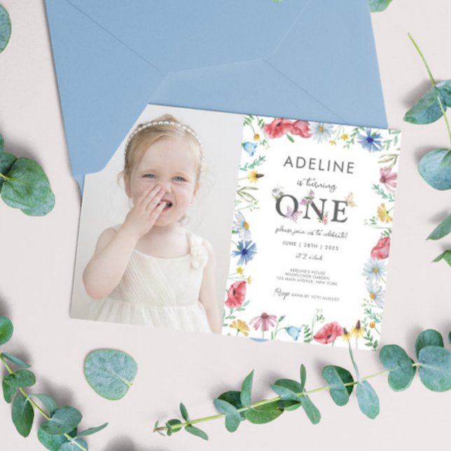Invitation Fleur sauvage Thème Fille 1er anniversaire Photo (Wildflower Wild One Baby Girl Photo Digital Printable Invitations Personalized Picture Download)