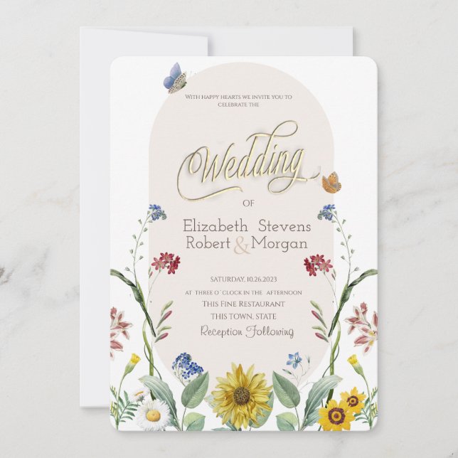 Invitation Fleur sauvage Tournesol Papillons Mariage (Devant)