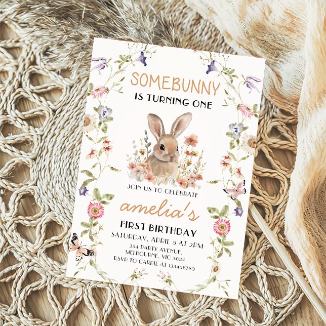 Invitation Fleur sauvage Un Lapin Fille 1er Anniversaire Invi (Créateur téléchargé)
