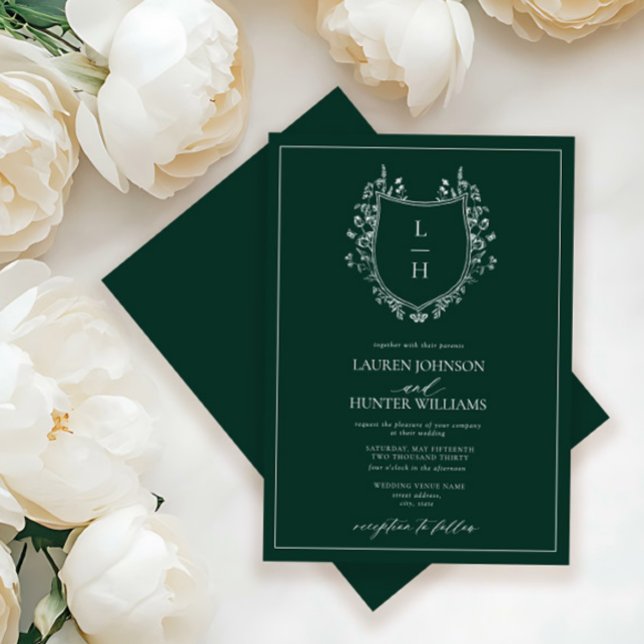 Invitation Fleur sauvage vert classique Monogram Crest Mariag (Créateur téléchargé)
