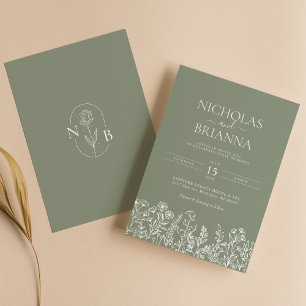 Invitation Fleur sauvage vert Sage Boho Mariage Monogramme mo
