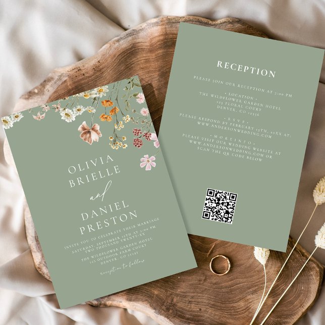 Invitation Fleur Sauvage Vert Sauge Tout en Un Code QR Mariag (Créateur téléchargé)