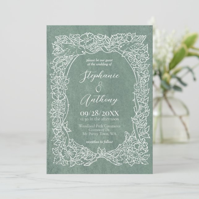 Invitation Fleur sauvage vert textuel  Mariage d'oiseaux (Debout devant)