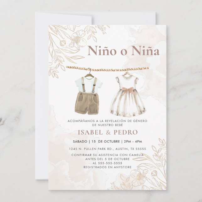 Invitation Fleur sauvage Vêtements de bébé espagnol Révélatio (Devant)