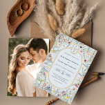 Invitation Fleur sauvage vintage Bleu Mariage Monogramme Phot<br><div class="desc">Ce monogramme vintage de mariage bleu fleur sauvage photo invitation design est un agencement élégant de cadres géométriques dorés classiques agrémentés de délicats bouquets et tiges florales boho. Avec une palette d'arrière - plans bleu poussiéreux et intemporels avec une typographie noire classique simple et des fleurs sauvages fantaisistes et colorés,...</div>
