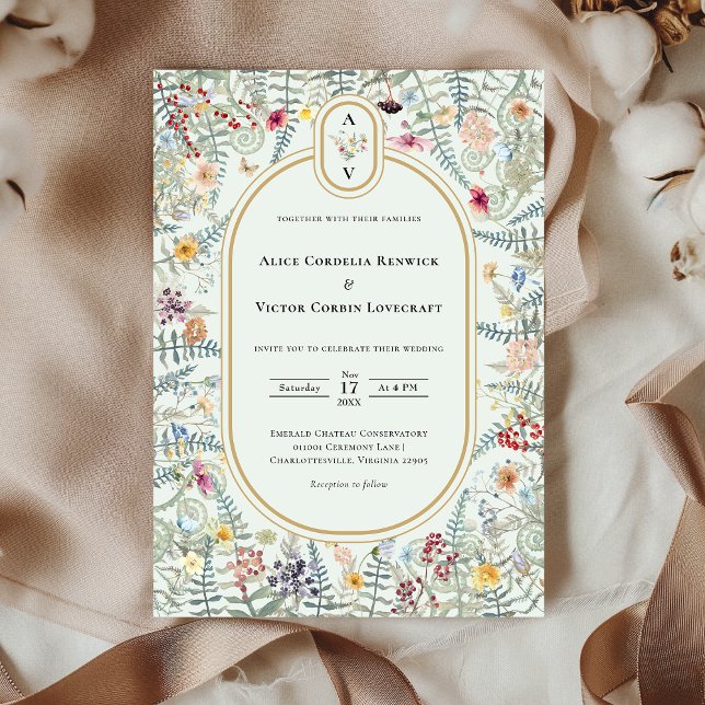 Invitation Fleur sauvage vintage Mint Green Mariage Monogramm (Créateur téléchargé)