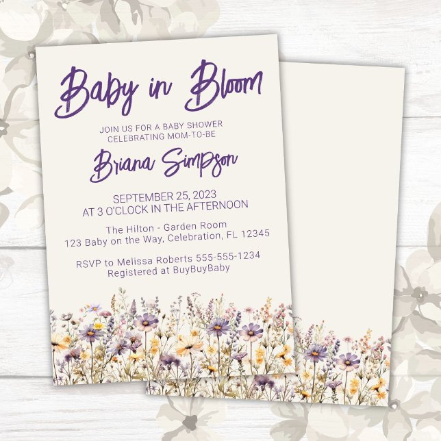 Invitation Fleur sauvage violet beige Baby shower neutre (Créateur téléchargé)