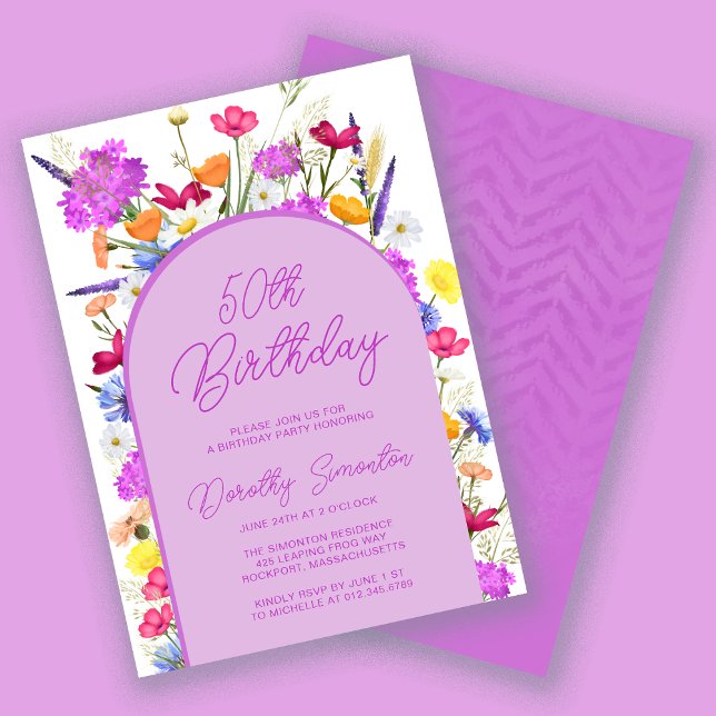 Invitation Fleur sauvage violet Boho Arch 50e fête d'annivers (Créateur téléchargé)