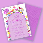 Invitation Fleur sauvage violet Boho Arch 60e fête d'annivers<br><div class="desc">Une arche violette de Boho entoure vos détails de fête du 60e anniversaire. Des fleurs sauvages colorés apportent une touche florale violet, jaune orangé et rouge. Le script moderne aussi en violet ajoute une ambiance tendance qui est aussi féminine. Le dos est violet profond avec un subtil motif de chevron...</div>