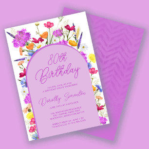 Invitation Fleur sauvage violet Boho Arch 80e fête d'annivers