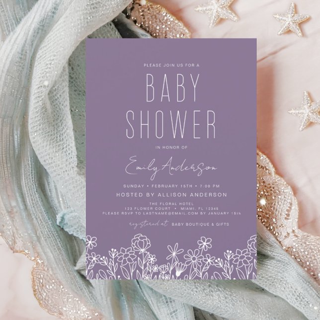 Invitation Fleur sauvage violet Boho Baby shower moderne (Créateur téléchargé)