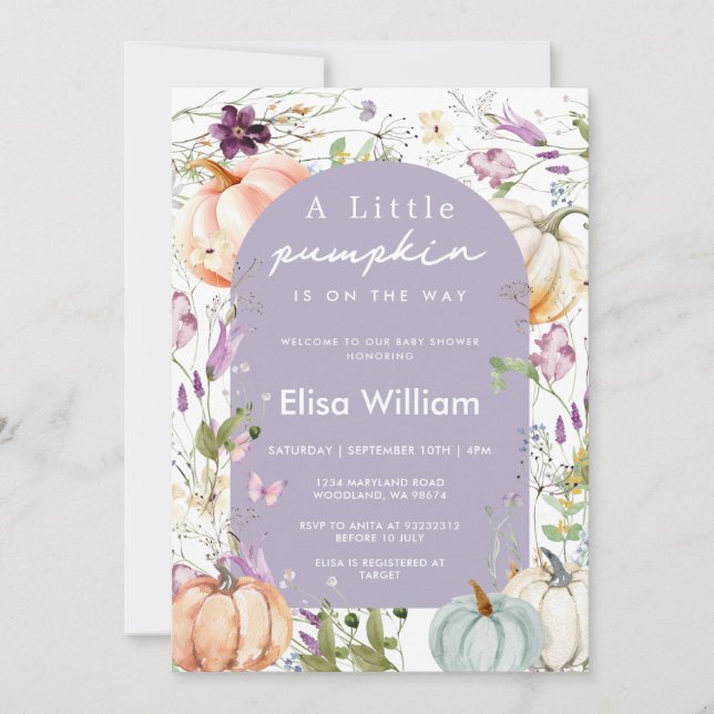Invitation Fleur sauvage violet Citrouille Baby shower Garden (Devant)