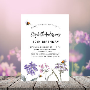 Invitation Fleur sauvage violet rose abeilles luxe anniversai