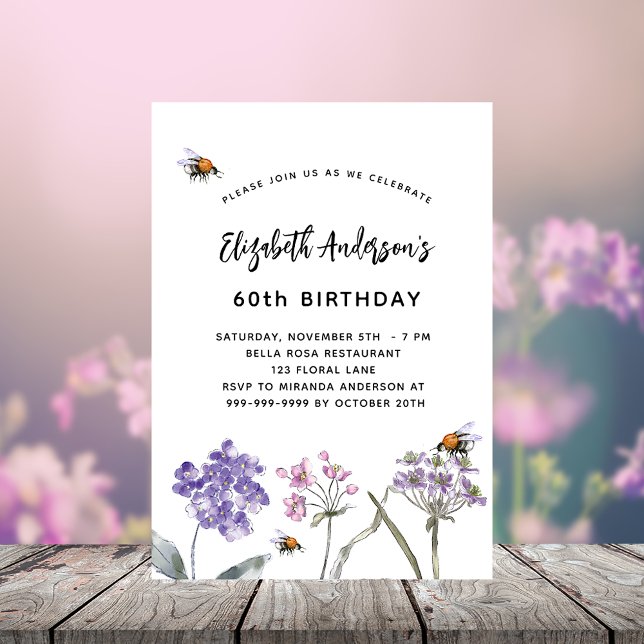 Invitation Fleur sauvage violet rose abeilles luxe anniversai (Créateur téléchargé)