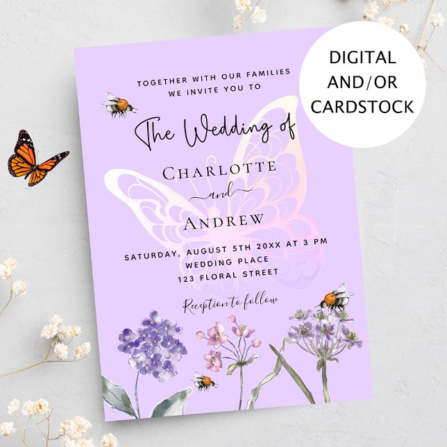 Invitation Fleur sauvage violet rose papillon mariage (Créateur téléchargé)