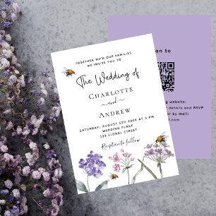 Invitation Fleur sauvage violet rose QR RSVP mariage de luxe