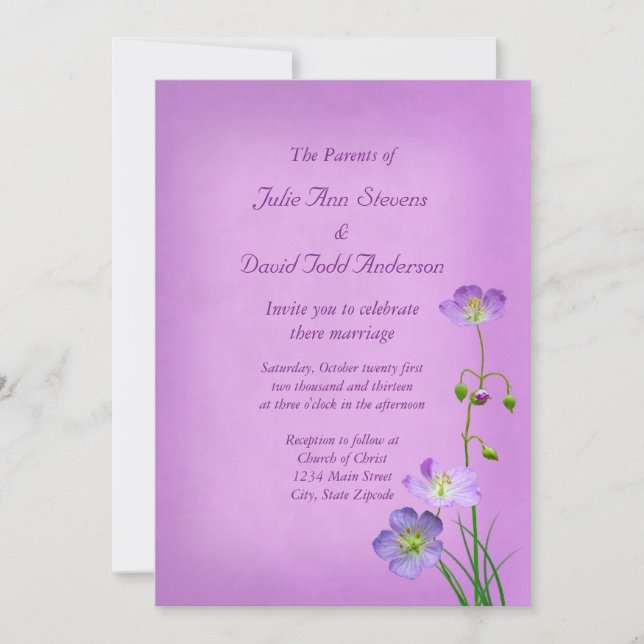 Invitation Fleur sauvage violet sur Mariage violet (Devant)