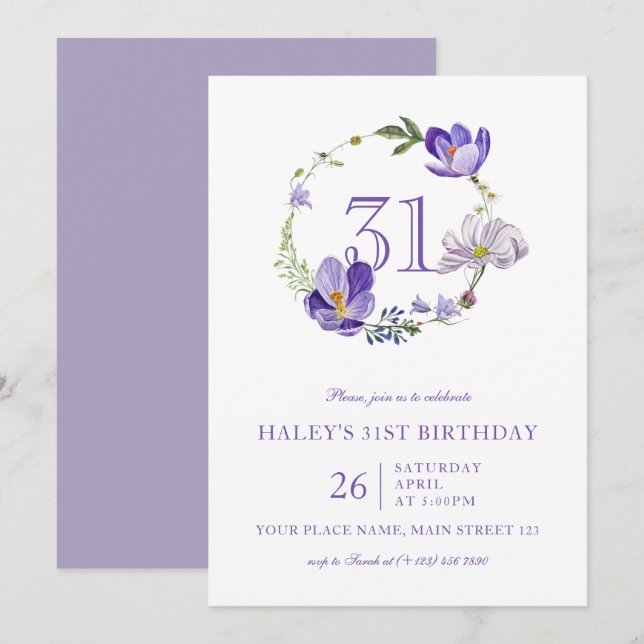 Invitation Fleur sauvage violette vintage 31e anniversaire (Devant / Derrière)