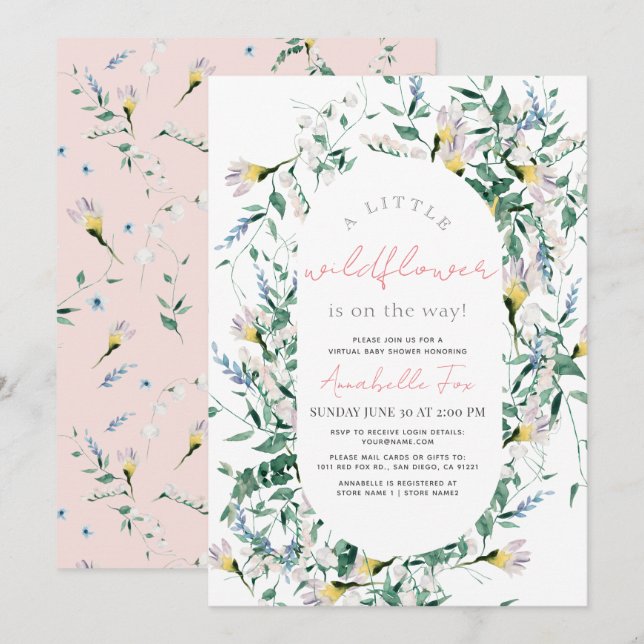 Invitation Fleur sauvage Watercolor Girl Baby shower virtuel (Devant / Derrière)